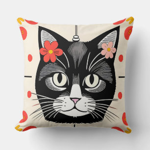 Cat With Colourful Flowers and Graphic Elements Cushion