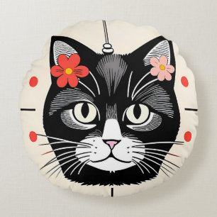 Cat With Colourful Flowers and Graphic Elements Round Cushion
