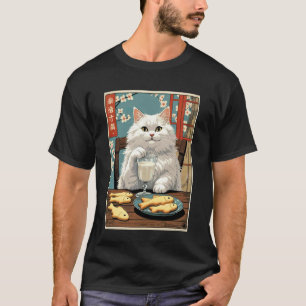 Cat With Cookies & Milk Novelty Tee, Cute Fluffy C T-Shirt