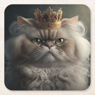 cat with crown square paper coaster