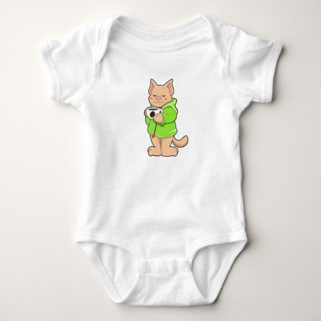 Cat with Cup of Coffee & Pyjamas Baby Bodysuit (Front)
