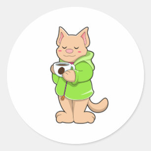 Cat with Cup of Coffee & Pyjamas Classic Round Sticker