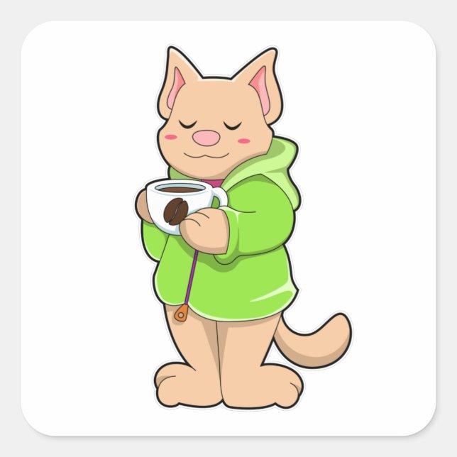 Cat with Cup of Coffee & Pyjamas Square Sticker (Front)