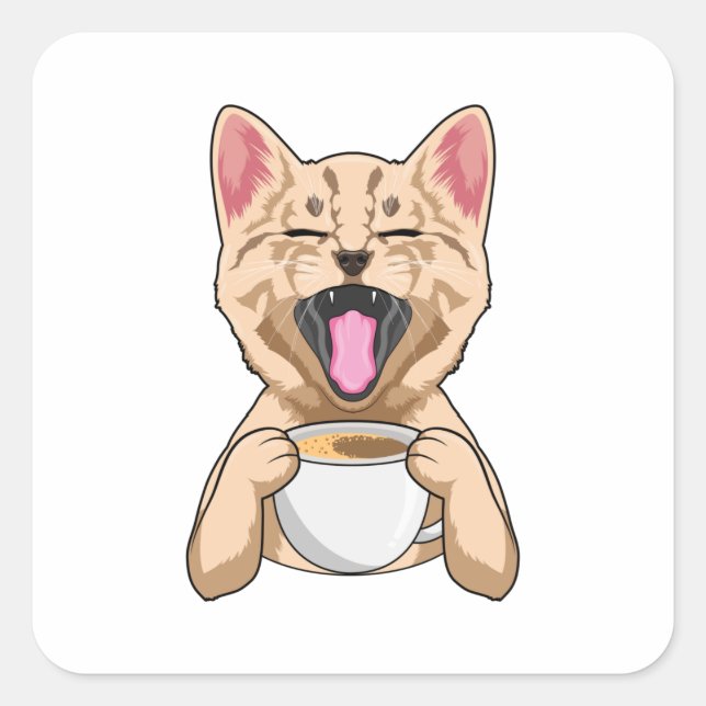 Cat with cup of coffee square sticker (Front)
