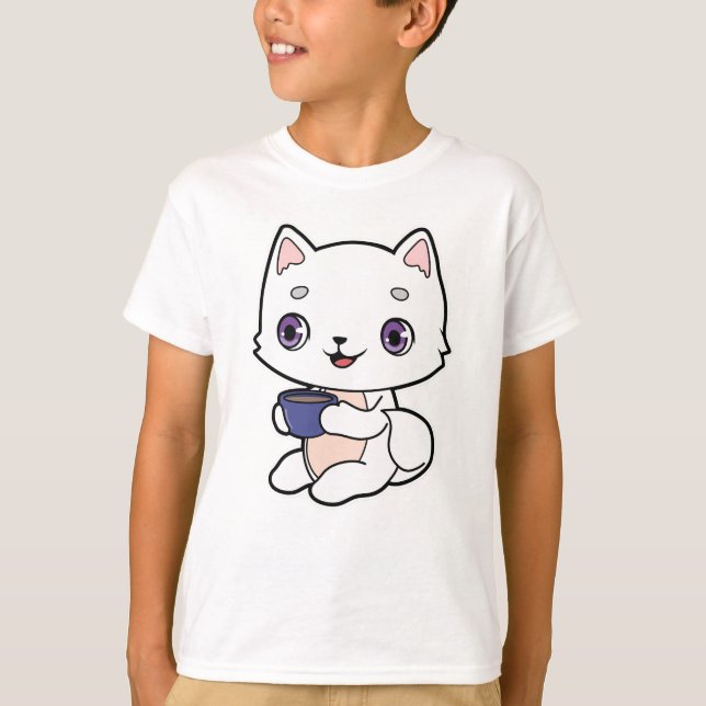 Cat with Cup of Coffee T-Shirt (Front)