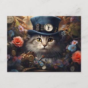 cat with Cylinder and flowers in steam Punk Style Postcard