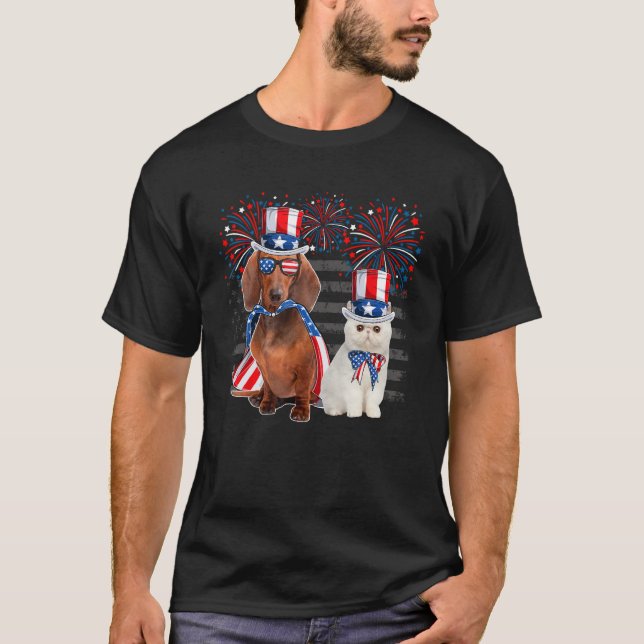 Cat With Dachshund Sunglasses American Flag 4th Of T-Shirt (Front)