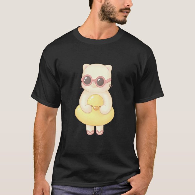 Cat With Duck Rubber Ring T-Shirt (Front)