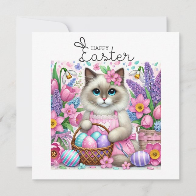 Cat with easter basket for cat lovers holiday card (Front)