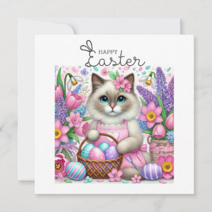 Cat with easter basket for cat lovers holiday card