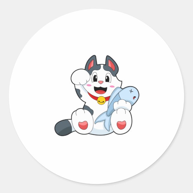 Cat with Fish Classic Round Sticker (Front)
