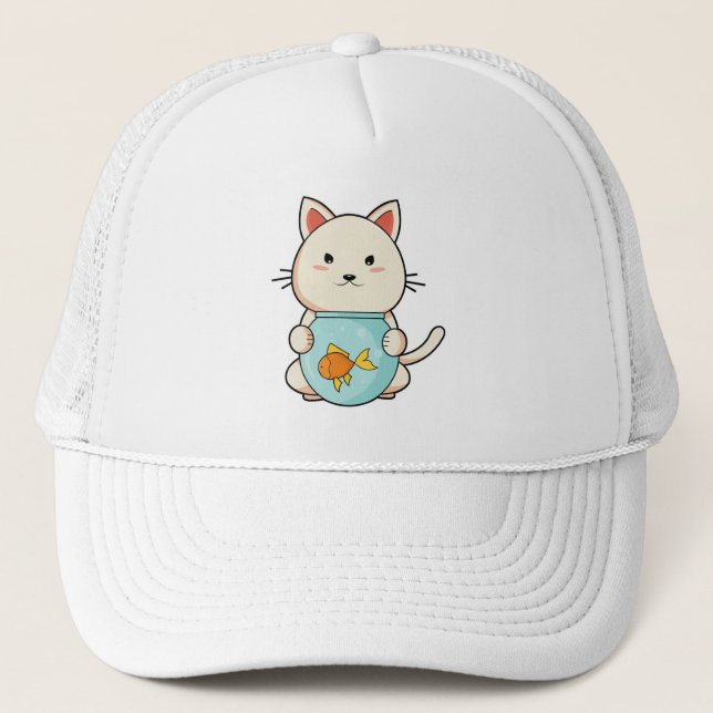 Cat with Fish in Glass Trucker Hat (Front)