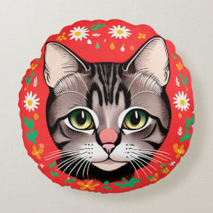 Cat With Floral Headpiece Round Cushion