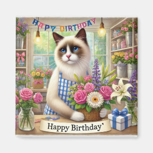 Cat with flower Happy Birthday sign Magnet
