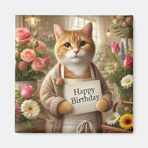 Cat with flower Happy Birthday sign  Magnet