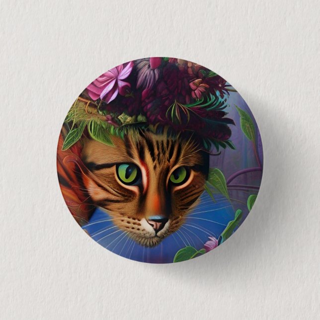 cat with flower hat art   3 cm round badge (Front)