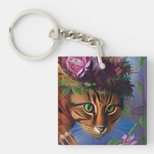 cat with flower hat art key ring