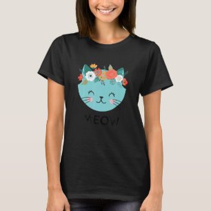 Cat With Flower Head Wreath Floral Cat Outline T-Shirt