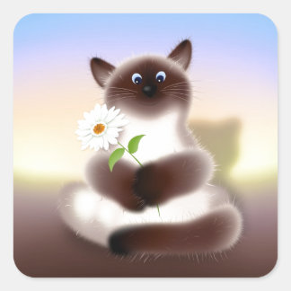 Cat with Flower Square Sticker