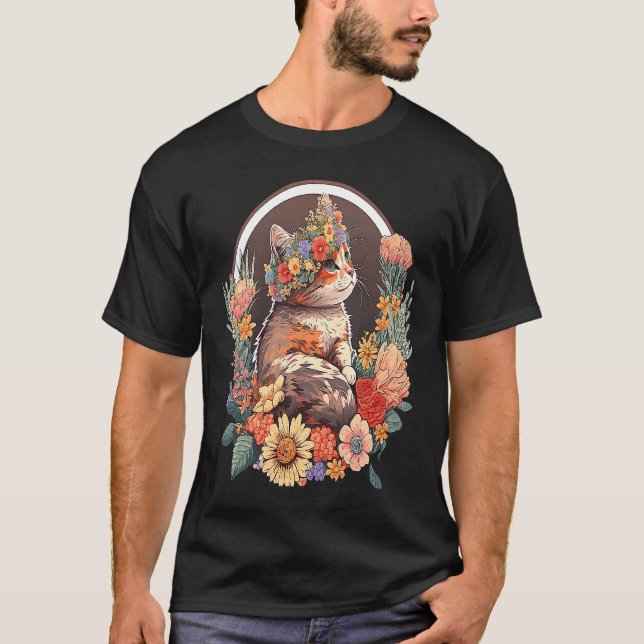 Cat with flower wreath  5 T-Shirt (Front)