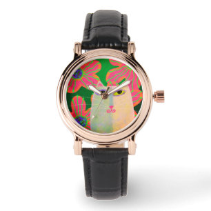 Cat with Flowers Abstract Wearable Art Watch