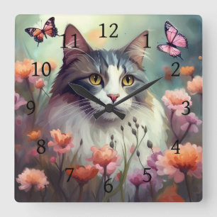 Cat with flowers and butterflies AI Cat 701 Square Wall Clock