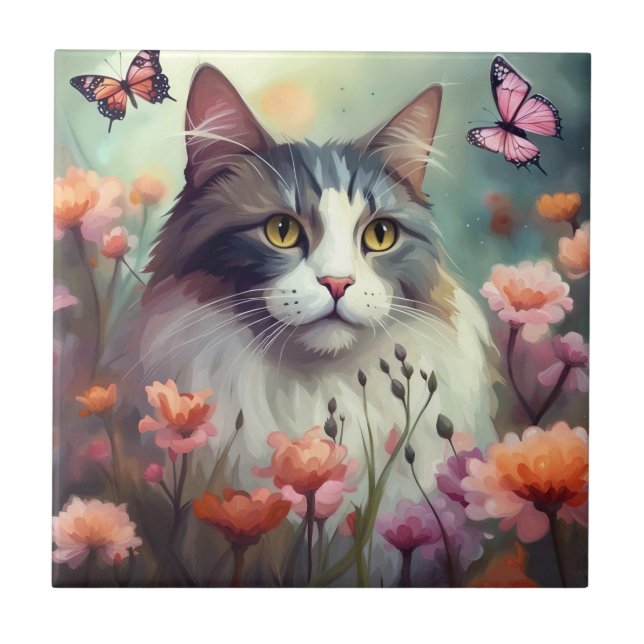 Cat with flowers and butterflies AI Cat 701 Tile (Front)