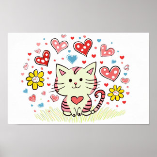 Cat with flowers and hearts poster
