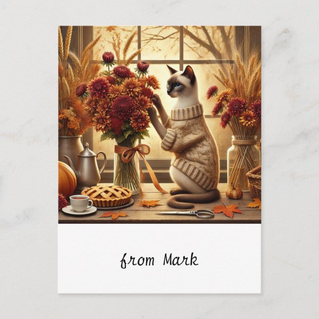 Cat with flowers for Fall Season Greeting Holiday Postcard (Front)