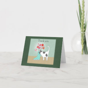 Cat with Flowers in Boot Whimsical Quirky Cat Art  Thank You Card