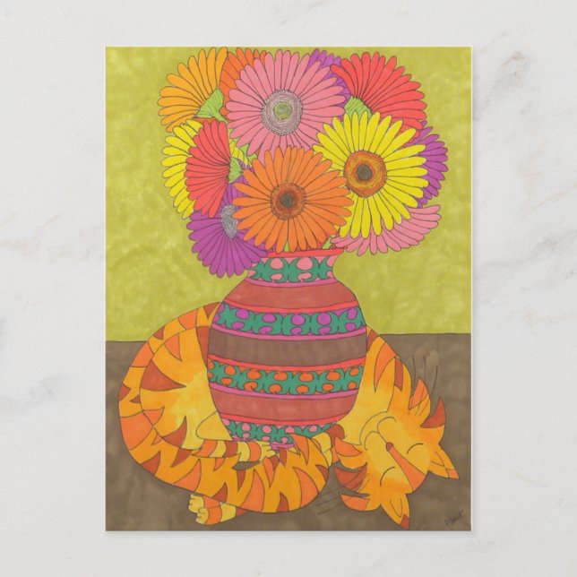 Cat with Gerbera Daisies in Talavera Vase Postcard (Front)