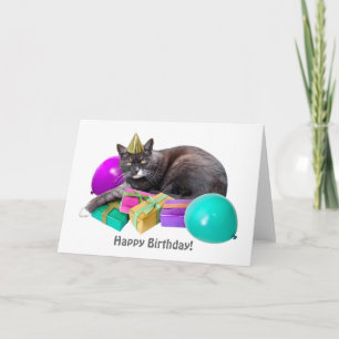 Cat with Gifts and Balloons Birthday Card