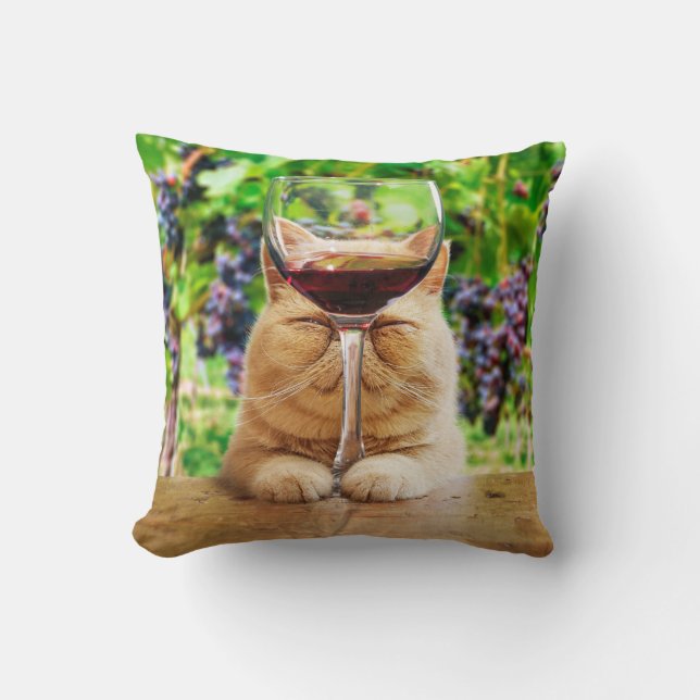 Cat With Glass of Wine Cushion (Front)