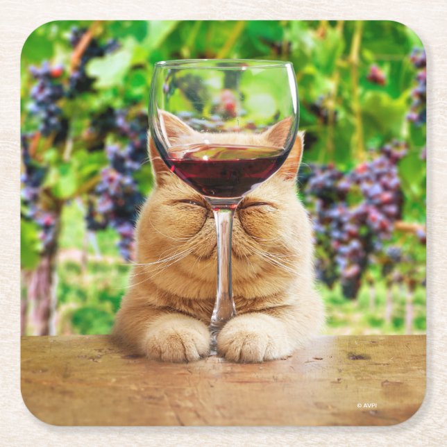 Cat With Glass of Wine Square Paper Coaster (Front)