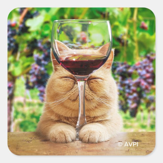 Cat With Glass of Wine Square Sticker (Front)