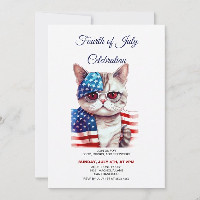 Cat with Glasses 4th Of July Invitations (Front)