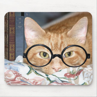 Cat with glasses and books mouse mat