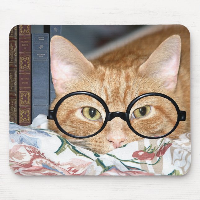 Cat with glasses and books mouse mat (Front)