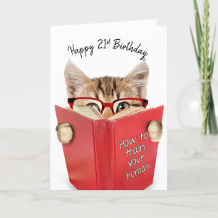 Cat with Glasses and Red Book 21st Birthday Card