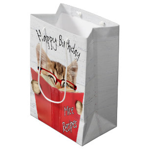 Cat with Glasses and Red Book Birthday Medium Gift Bag