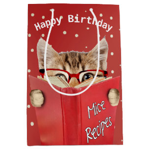 Cat with Glasses and Red Book Birthday Medium Gift Bag
