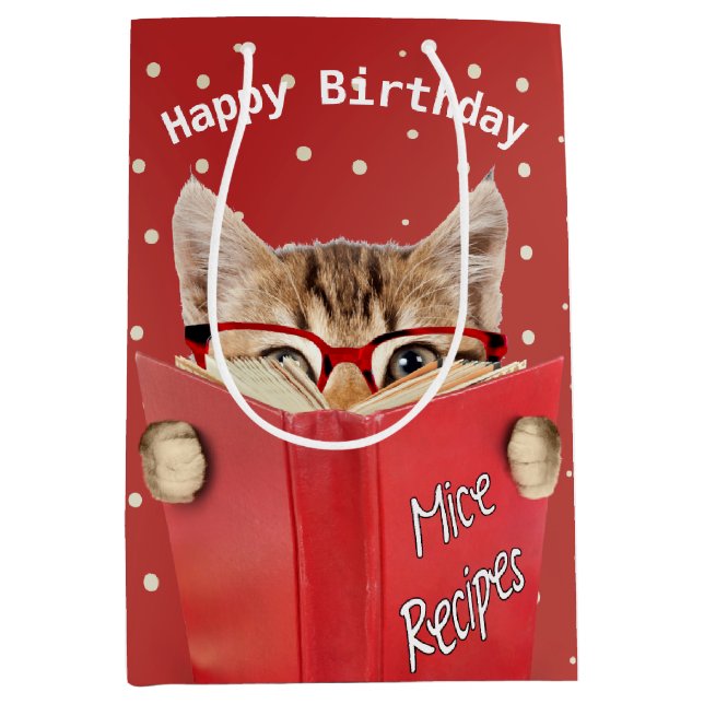 Cat with Glasses and Red Book Birthday  Medium Gift Bag (Front)