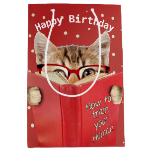 Cat with Glasses and Red Book Birthday   Medium Gift Bag