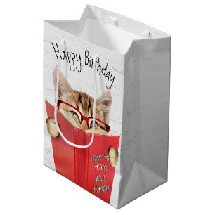 Cat with Glasses and Red Book Birthday Medium Gift Bag