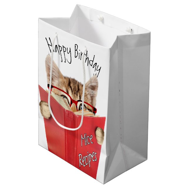 Cat with Glasses and Red Book Birthday Medium Gift Bag (Front Angled)
