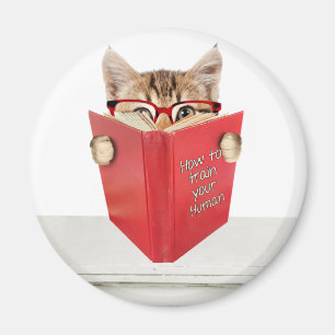 Cat with Glasses and Red Book Magnet