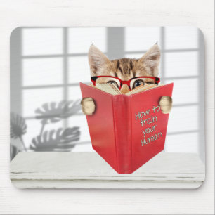 Cat with Glasses and Red Book Mouse Mat