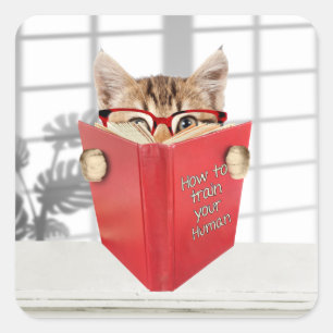 Cat with Glasses and Red Book Square Sticker