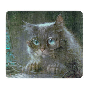 Cat with glasses.  cutting board