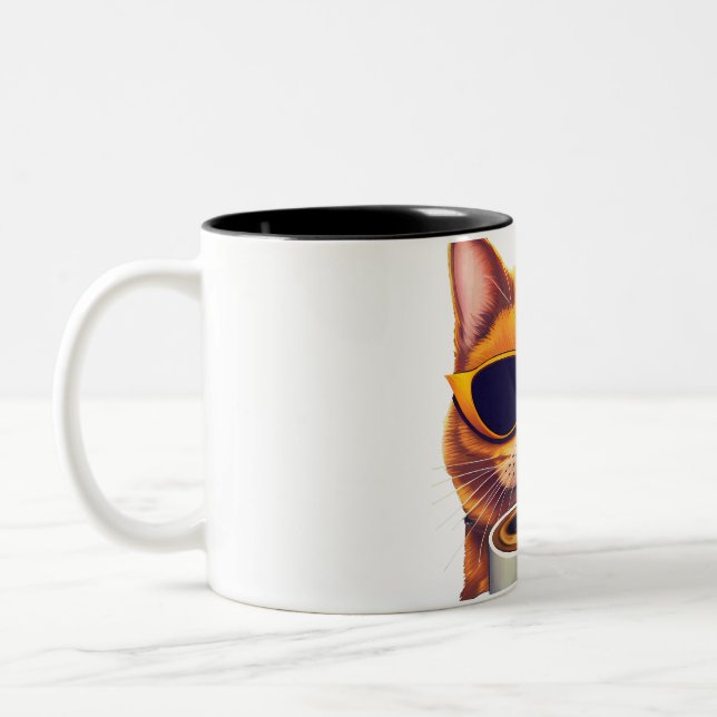 cat with glasses drinking coffee Two-Tone coffee mug (Left)